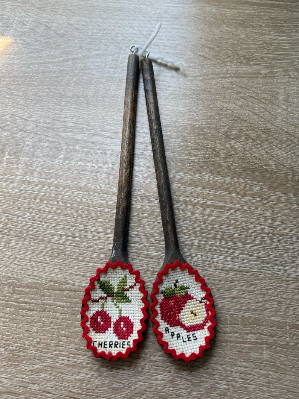 Pair Of Vintage Cross Stitch Patched Wooden Decorative Spoons Cherries & Apples